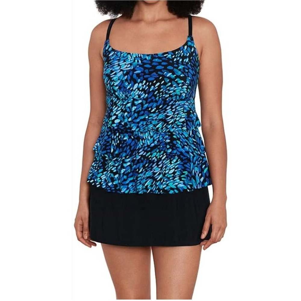 Longitude Tiered Swim Dress Size 18 One Piece Swimsuit Blue Abstract Watercolor